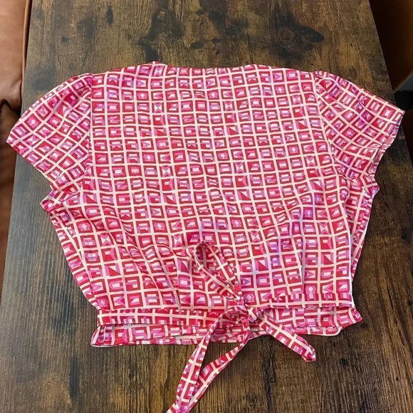 Lulus Red Multi Print Satin Short Sleeve Wrap Top - Picture 9 of 12